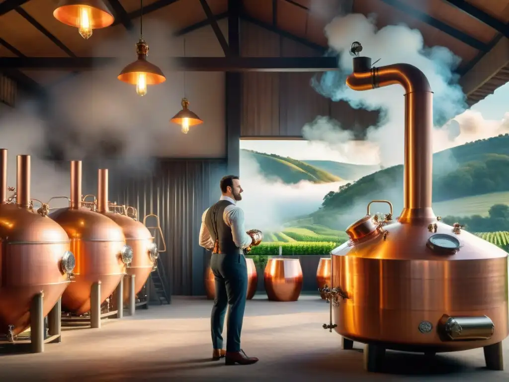 Destilería vintage en colinas y viñedos: artesanía y tradición Una destilería vintage en medio de colinas y viñedos, con alambiques de cobre y un maestro destilador