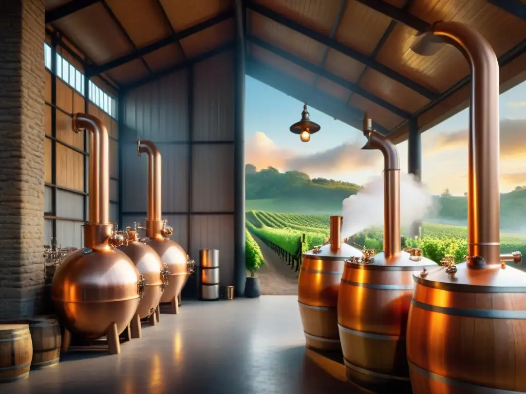 Destilería vintage en viñedo al atardecer: tradición y naturaleza Una destilería vintage en medio de viñedos verdes, con el sol dorado iluminando alambiques y barriles de madera
