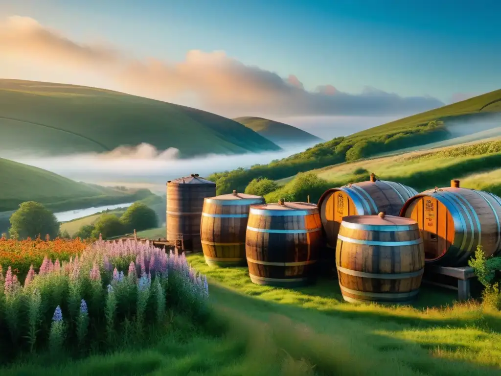 Destilería vintage: artesanía y naturaleza en armonía Destilería vintage en paisaje natural, con alambiques de cobre y barricas de madera bajo el sol