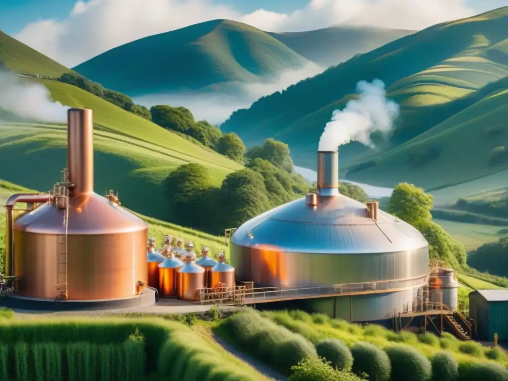 Destilería vintage: historia y artesanía en un paisaje verde exuberante Una destilería vintage en un paisaje verde exuberante, con equipos de destilación de cobre brillando al sol y trabajadores monitoreando el proceso