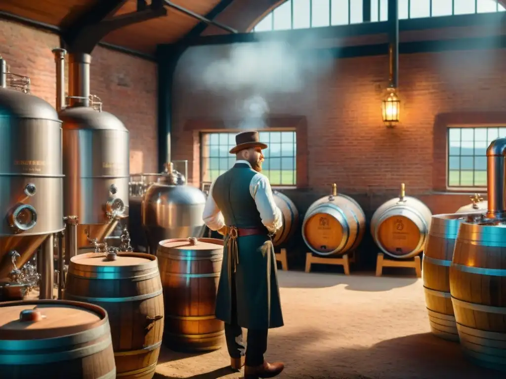 Destilería vintage entre viñedos: artesanía y tradición en 8k Una destilería vintage rodeada de viñedos en colinas, destilando en barricas