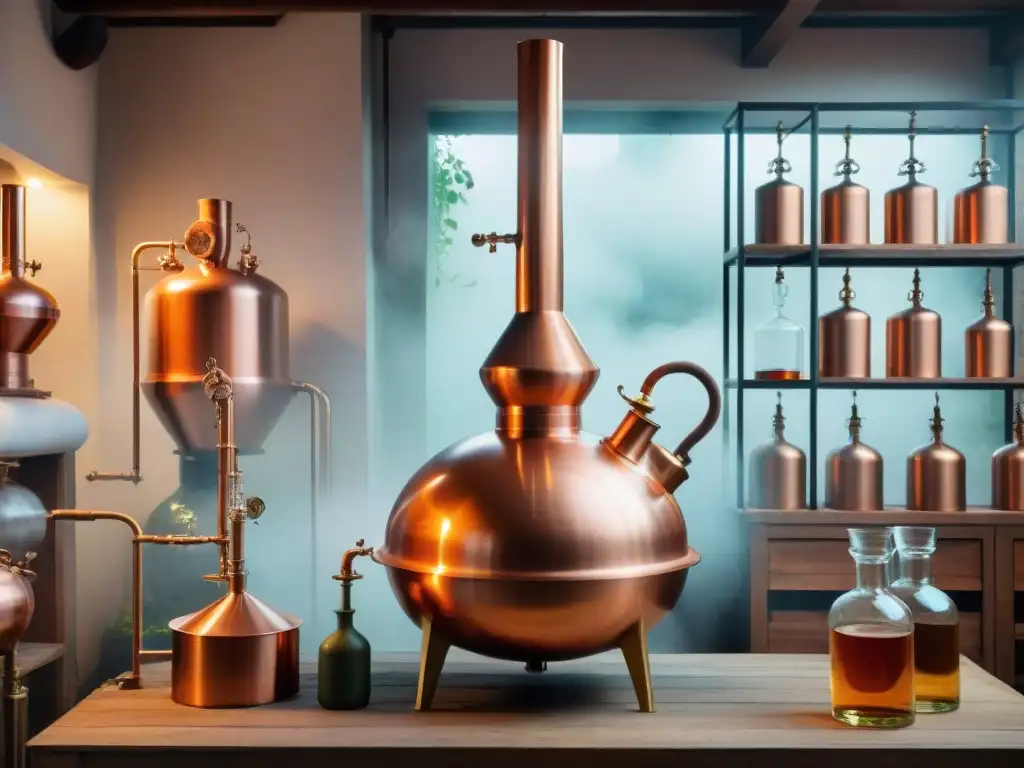 Destilación artesanal: alembic de cobre en destilería Una destilería vintage donde brillan las técnicas de destilación de bebidas alcohólicas