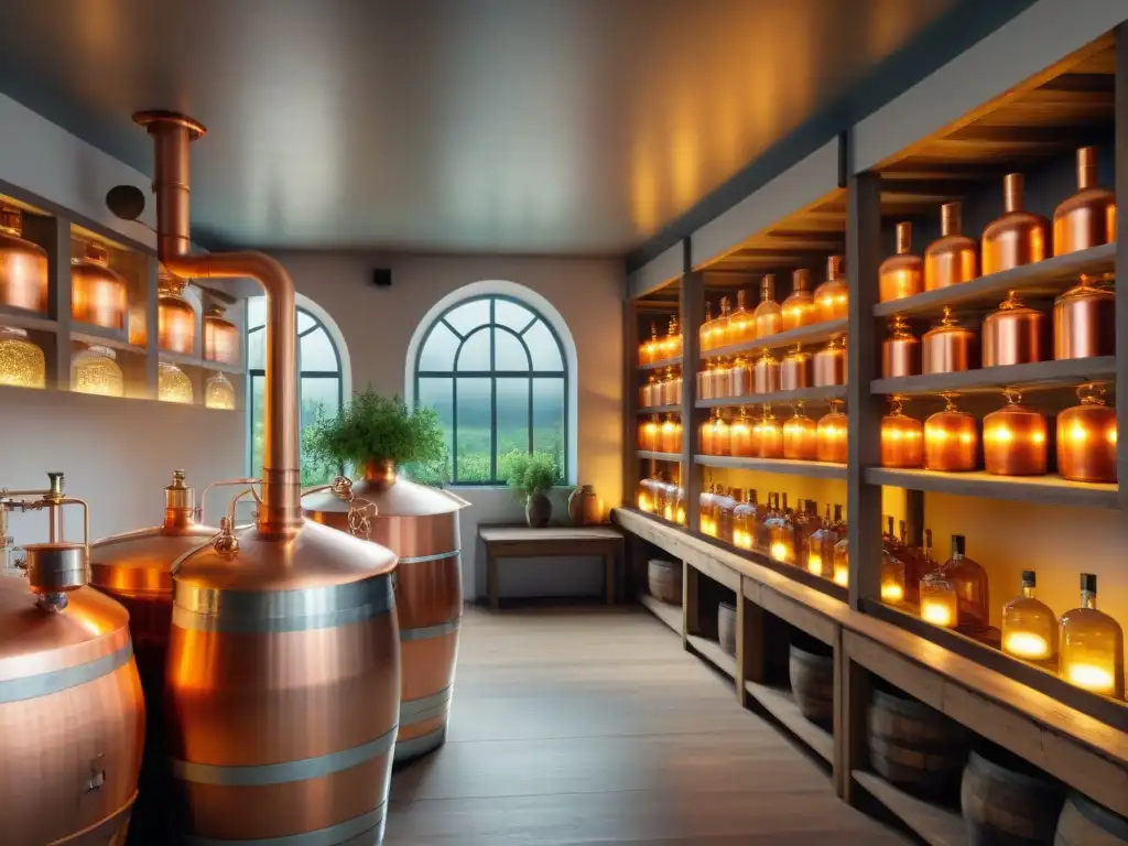 Destilería de vodka artesanal polaca: tradición y maestría Una destilería de vodka artesanal en Polonia, con alambiques de cobre, barriles de roble y hierbas frescas, iluminada por tenues rayos de sol