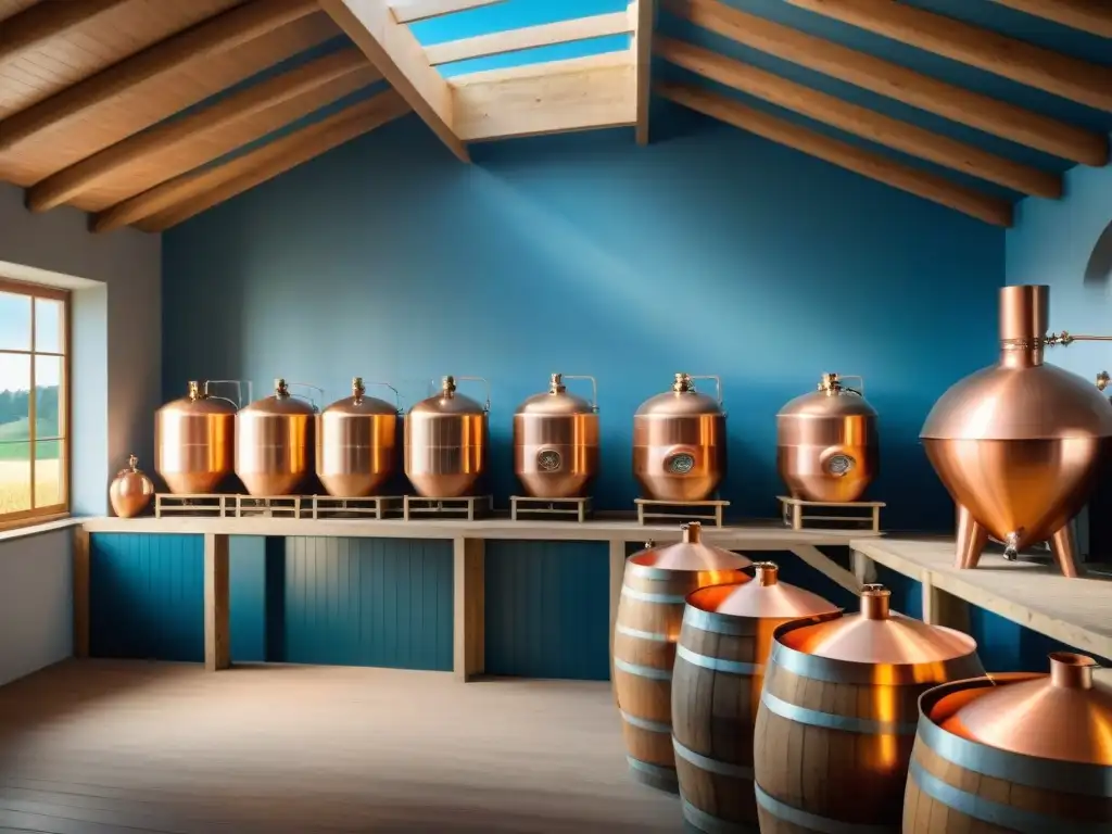 Destilería tradicional polaca: artesanía ancestral del vodka Destilería de vodka artesanal en Polonia: artesanos elaborando vodka en un entorno rural con colinas verdes y campos de trigo dorado