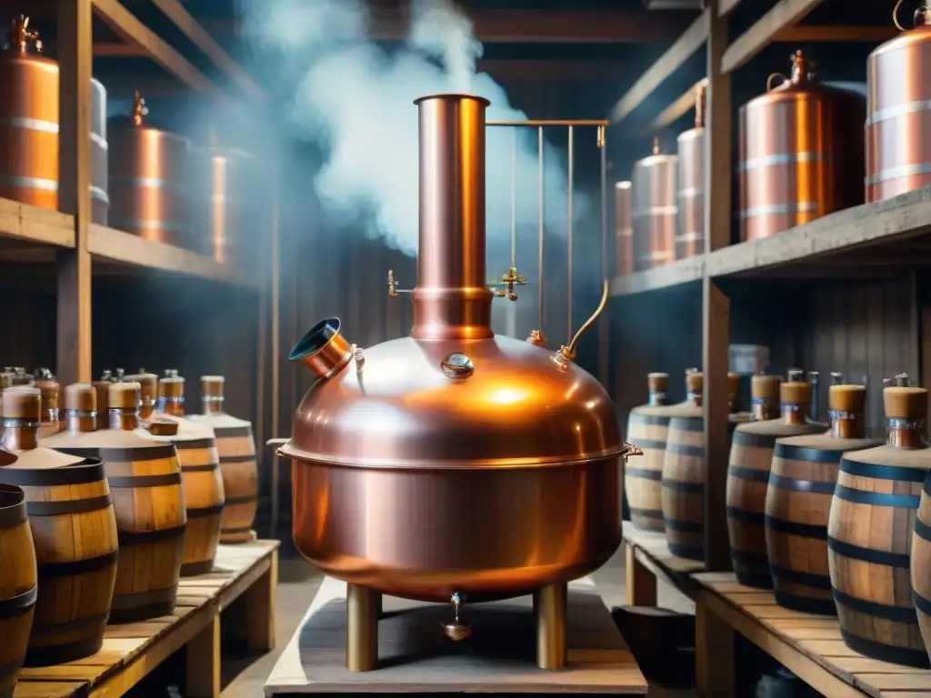 Destilería tradicional de vodka en Polonia: alambique de cobre y artesanía Destilería de vodka artesanal en Polonia: alambique de cobre antiguo, detalles brillantes y artesanos trabajando