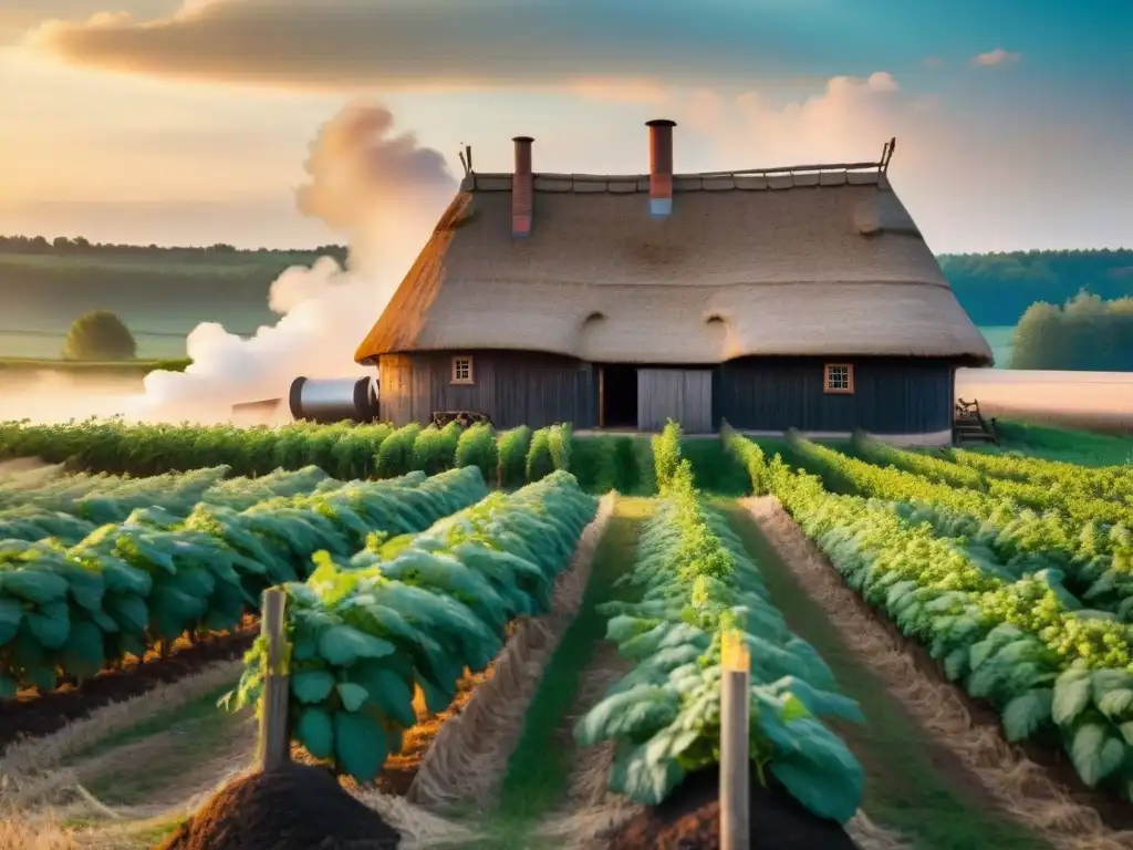 Destilería polaca tradicional entre campos dorados al atardecer Destilería de vodka artesanal en Polonia, escena rural nostálgica al atardecer con granjeros locales