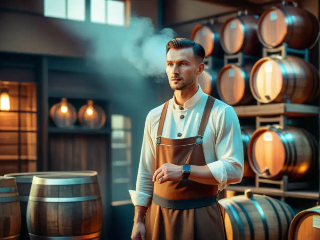 Destilería polaca tradicional: destilando vodka artesanal con esmero Destilería de vodka artesanal en Polonia: escena vintage con alambiques de cobre y barriles de madera en cálida luz, obreros en atuendo tradicional