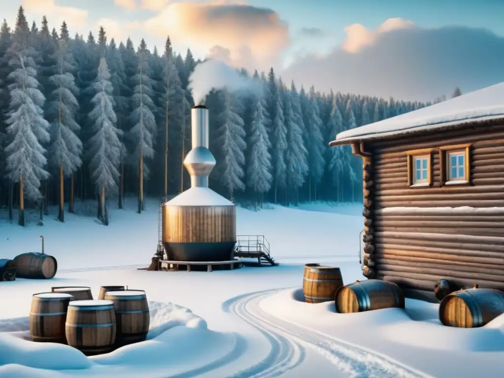 Destilería rusa de vodka en la nieve: tradición y trabajo artesanal Destilería de vodka en Rusia: Escena detallada de una destilería tradicional rusa en la nieve, con trabajadores y barriles