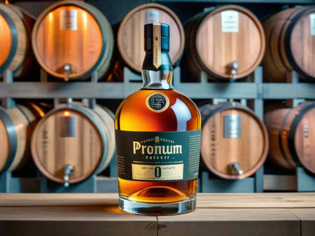 Destilería de whisky antigua con barriles de roble y etiqueta 'Premium Reserve' en primer plano