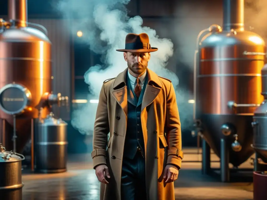 Destilería de whisky enigmática: la elegancia del cine negro Una destilería de whisky en penumbra, con alambiques de cobre relucientes