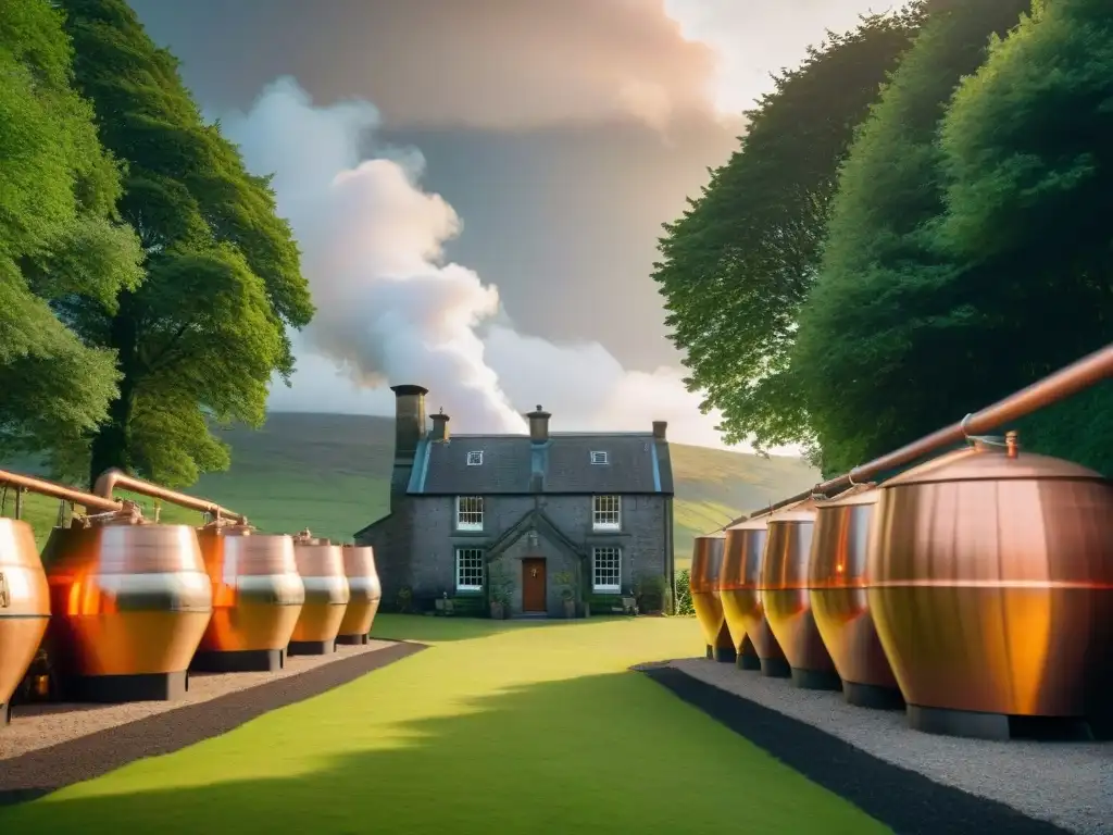 Destilería de whisky en Escocia, rodeada de naturaleza, con barriles apilados y alambique reluciente