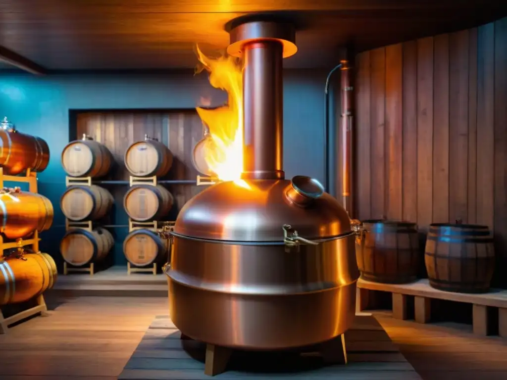 Destilación artesanal en alambique de cobre: whisky envejeciendo Destilerías en documentales: ciencia y arte