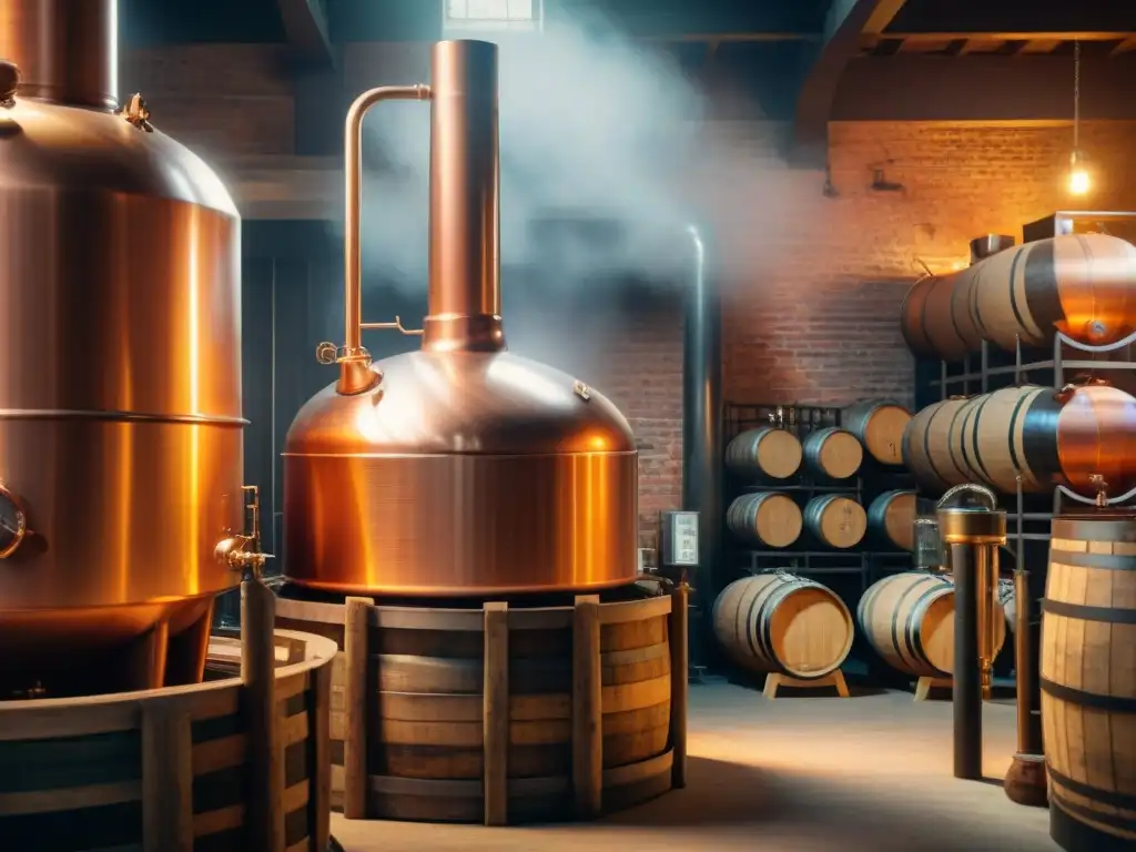 Alambique de Cobre en Destilería: Tradición y Arte en 8k Ilustración detallada de una antigua alambique en una destilería con barriles de madera, evocando técnicas destilación bebidas alcohólicas modernas