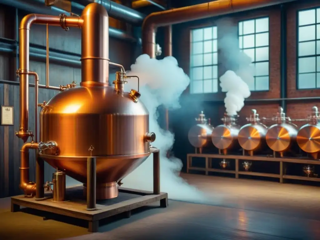Destilación de Alcoholes: Detalle Vintage de Aparato Tradicional Detallada ilustración vintage de un aparato de destilación tradicional para la producción de bebidas alcohólicas modernas