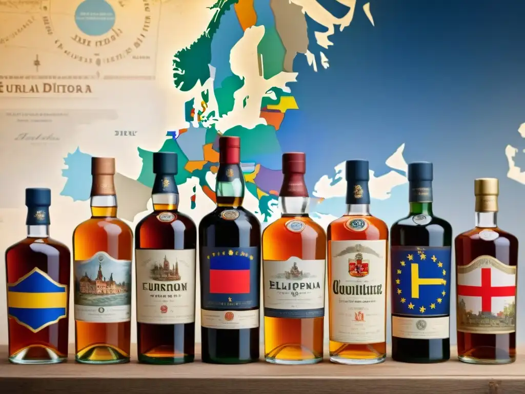 Botellas de licor europeas detalladas en ilustración vintage Detallada ilustración vintage de botellas de licores europeos con banderas de la UE en un mapa envejecido, postBrexit