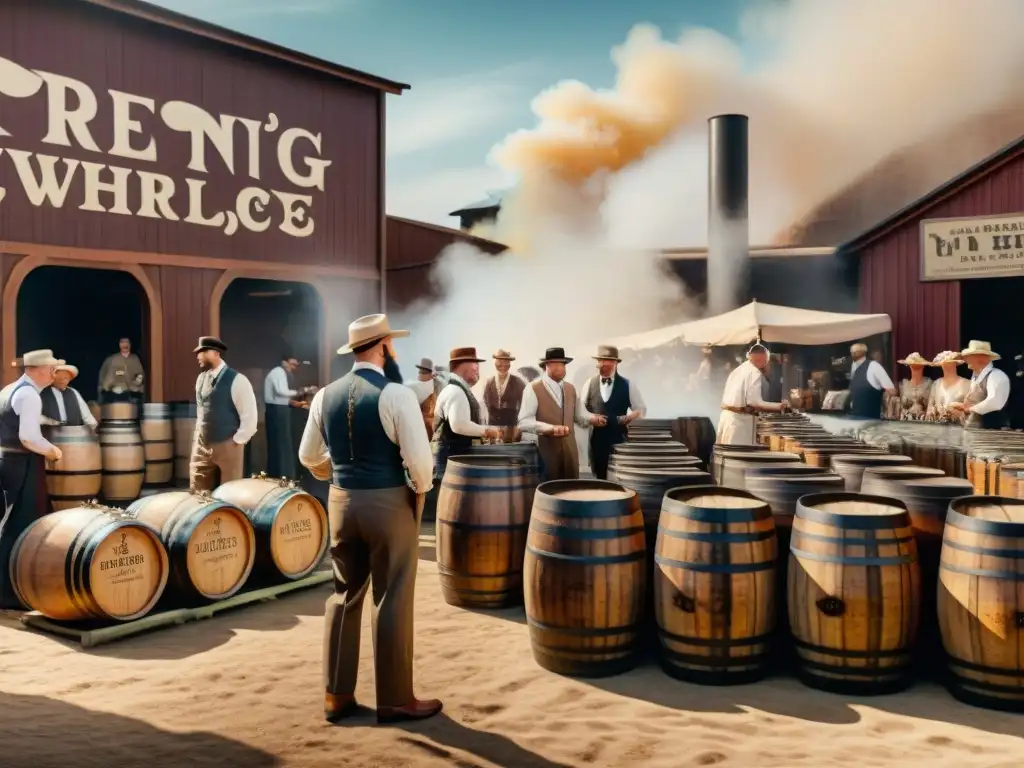Ilustración detallada de un bullicioso mercado vintage de principios de 1900 con vendedores vendiendo barriles de whisky, botellas antiguas y equipo de destilación