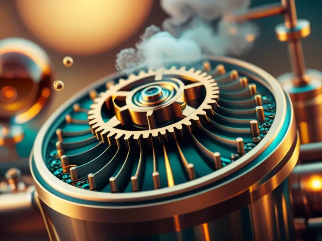 Detalles nanotecnológicos en destilación de alcohol Ilustración vintage detallada de componentes de nanotecnología interactuando con moléculas de alcohol en destilación de bebidas