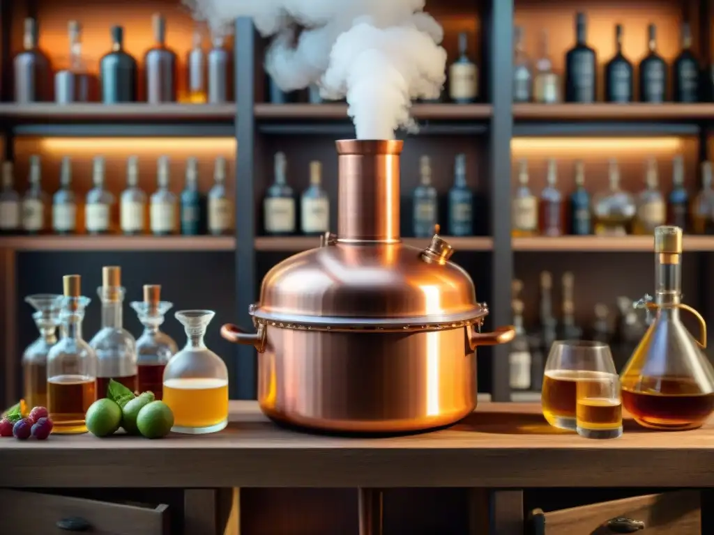 Destilación artesanal: alquimia en cobre Ilustración detallada de una destilación con alambique de cobre, mostrando la ciencia detrás de las bebidas alcohólicas