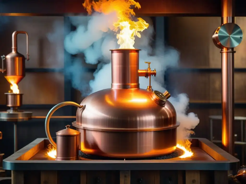 Destilación de cobre: fuego, vapor y tradición Detallada ilustración vintage de destilación con cobre brillante y llamas intensas en destilería, destilación de bebidas alcohólicas modernas