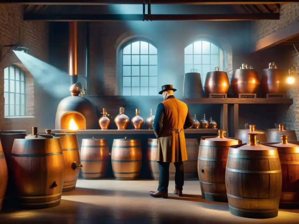 Ilustración detallada de destilería tradicional en 8k Ilustración detallada en 8k de una destilería tradicional con certificaciones destilación bebidas alcohólicas