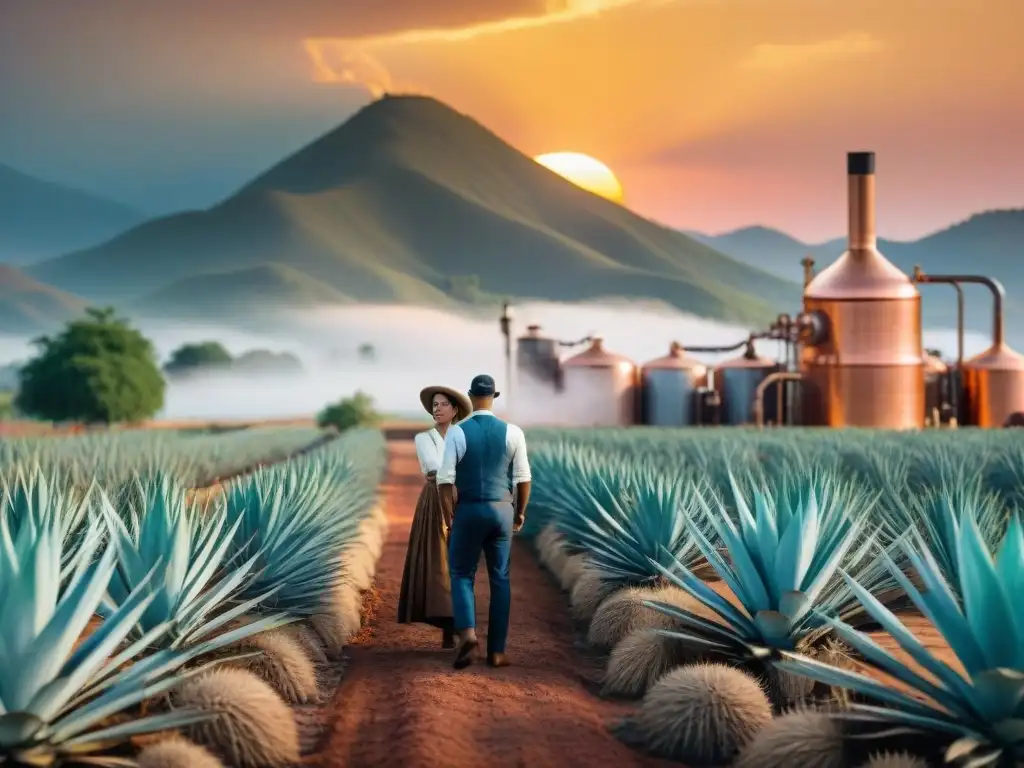 Destilería tradicional entre agaves al atardecer: fusión de técnicas Ilustración detallada en 8k de una destilería tradicional rodeada de campos de agave al atardecer, fusionando técnicas modernas de destilación de bebidas alcohólicas con tradición