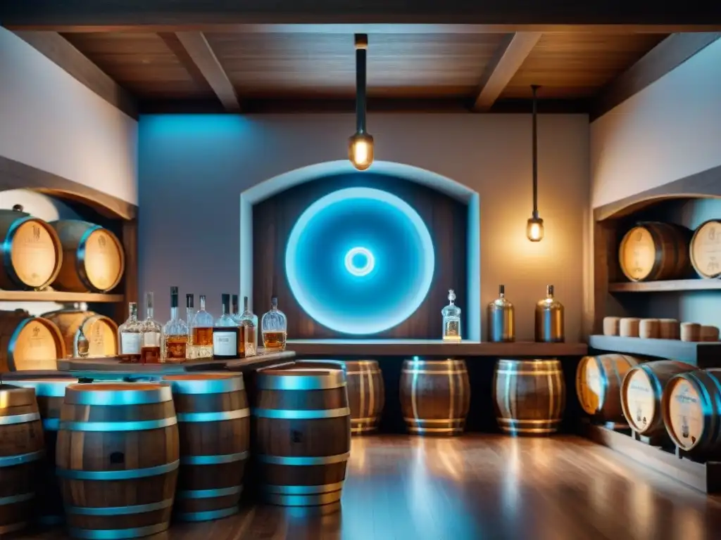 Escena de transformación digital en sala de cata virtual con destilados Ilustración detallada de una transformación digital en una sala de cata, con hologramas futuristas y elementos tradicionales