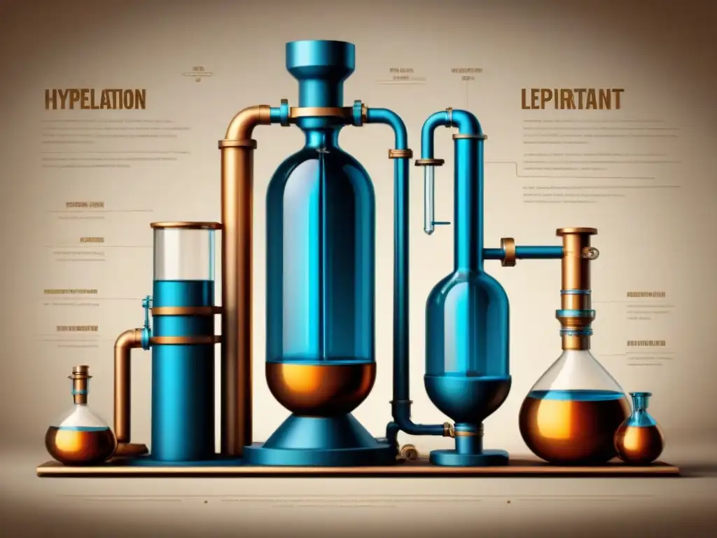 Evolución destilación: del siglo XX al XXI Ilustración detallada de equipos de destilación de bebidas, desde el siglo XX al XXI, en tonos sepia y estilo vintage