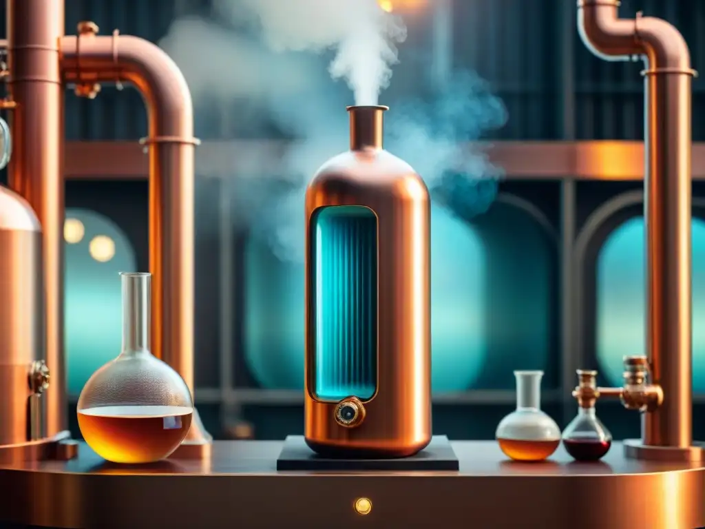 Ilustración detallada de columna de destilación con nanotecnología Ilustración detallada estilo vintage de una columna de destilación, con nanopartículas y moléculas de alcohol, en equipo de destilería de cobre