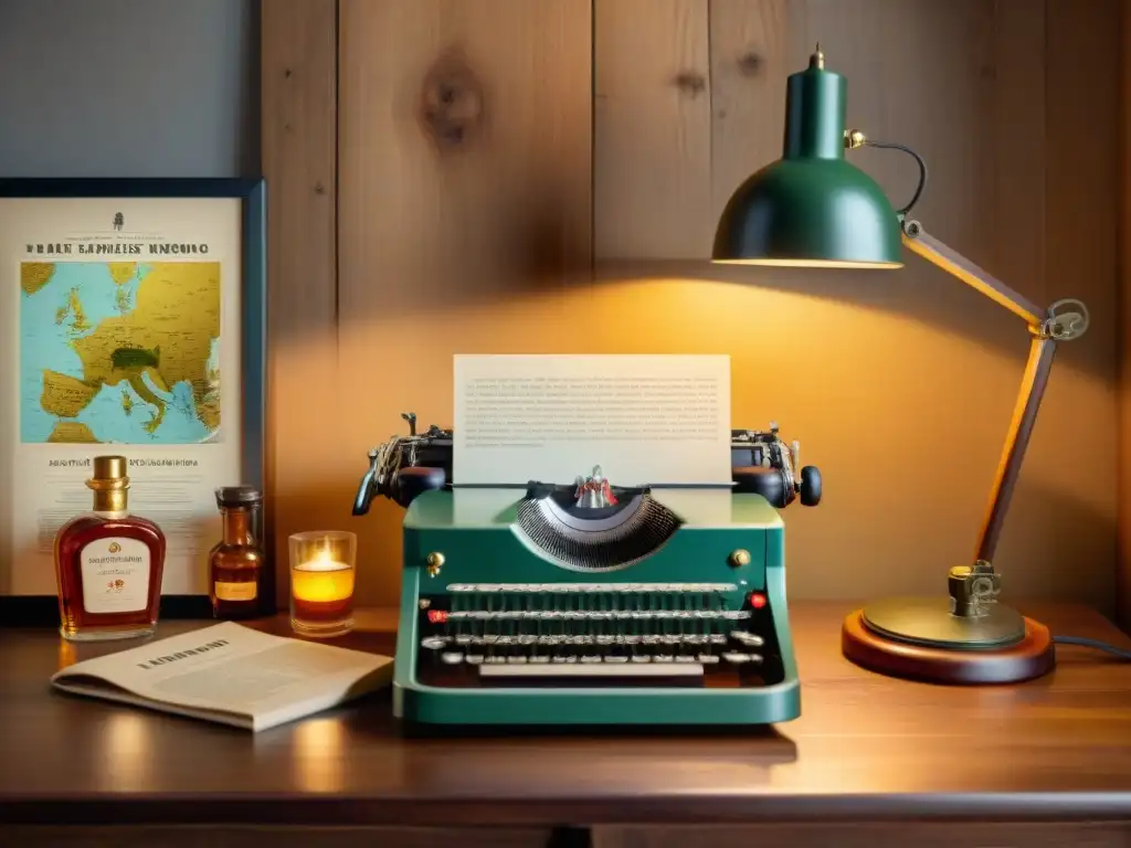 Campaña de Email Marketing Vintage en Mesa de Madera Detallada estrategia de email marketing para destilerías en mesa vintage con mapa y máquina de escribir