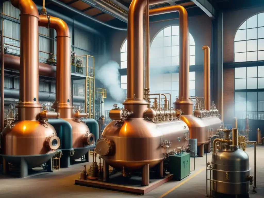 Destilación vintage en fábrica del siglo XIX Detallada ilustración vintage de un gran y complejo equipo de destilación sostenible eficiente en una fábrica industrial del siglo XIX