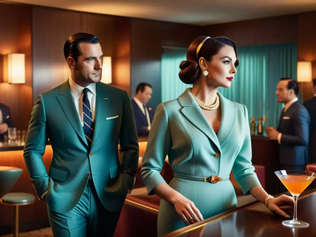 Escena de cóctel de los años 60: glamour y elegancia vintage Una detallada imagen 8k de una elegante fiesta de cóctel de los años 1960, capturando la esencia de la era Mad Men
