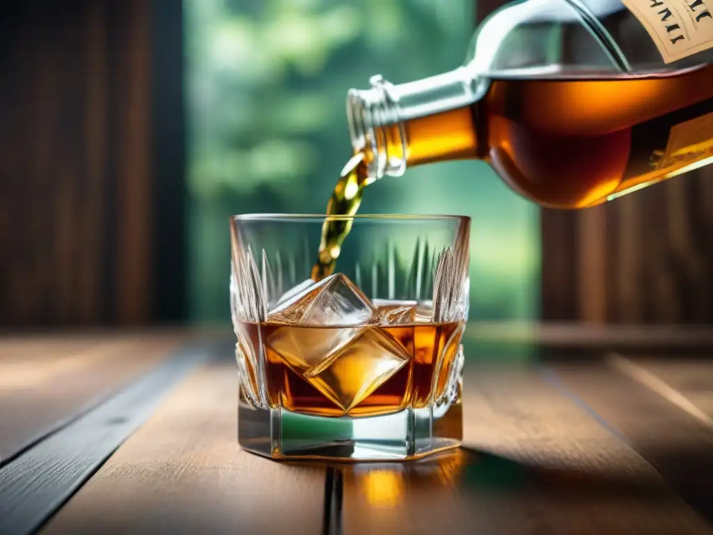 Whiskey y agua: mezcla perfecta en vaso vintage Detallada imagen de un vaso de whisky vintage con agua creando un efecto hipnótico