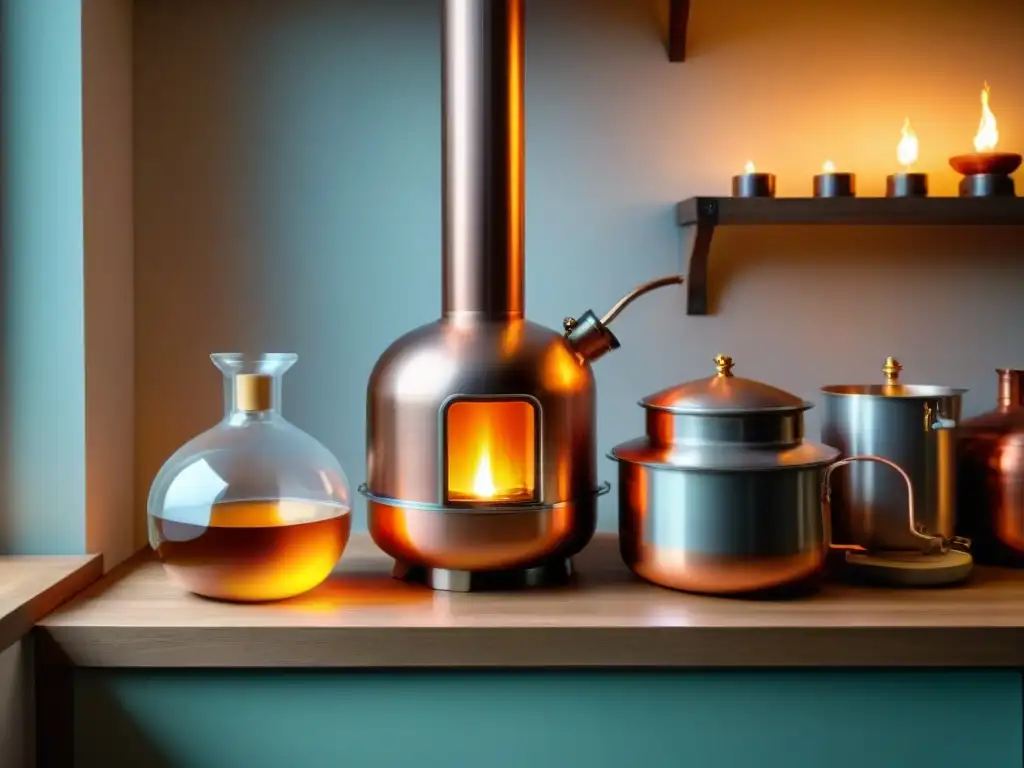 Destilación casera de cobre: detalle y artesanía Detallada ilustración vintage de un kit casero de destilación de cobre en una cocina tradicional, con precisión y artesanía