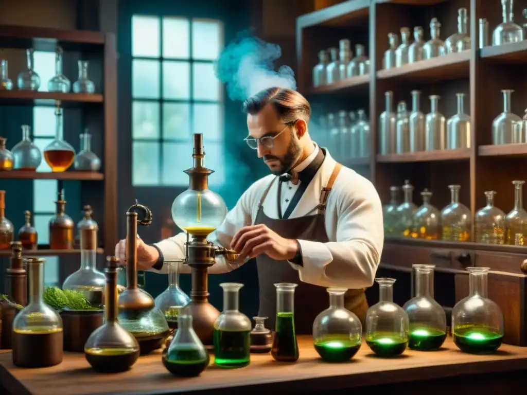Experimentos históricos: Friedrich Accum en laboratorio detallado Ilustración detallada de Friedrich Accum en un laboratorio histórico, rodeado de instrumentos de destilación y botánicos