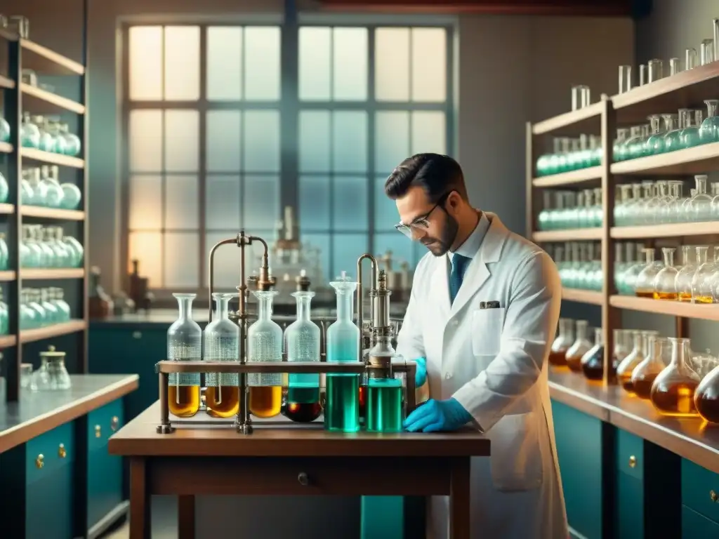 Escena de laboratorio vintage de mediados del siglo XX con científicos en batas blancas y aparatos de destilación Ilustración detallada de un laboratorio vintage con científicos trabajando en destilación, destacando la genética molecular en destilación