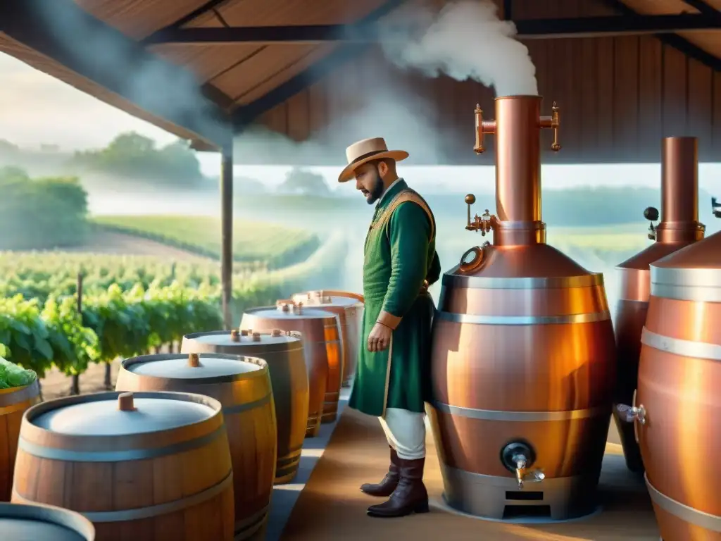 Proceso de destilación tradicional con biotecnología en viñedo Ilustración detallada en 8k de destilería tradicional con biotecnología en producción de bebidas