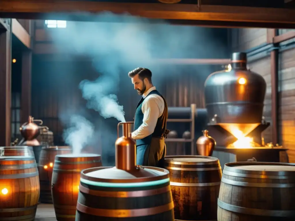 Escena de destilería vintage: artesanía en cobre y barricas de madera Ilustración vintage detallada en 8k de destilería tradicional con destilación de biotecnología y trabajadores en trajes antiguos