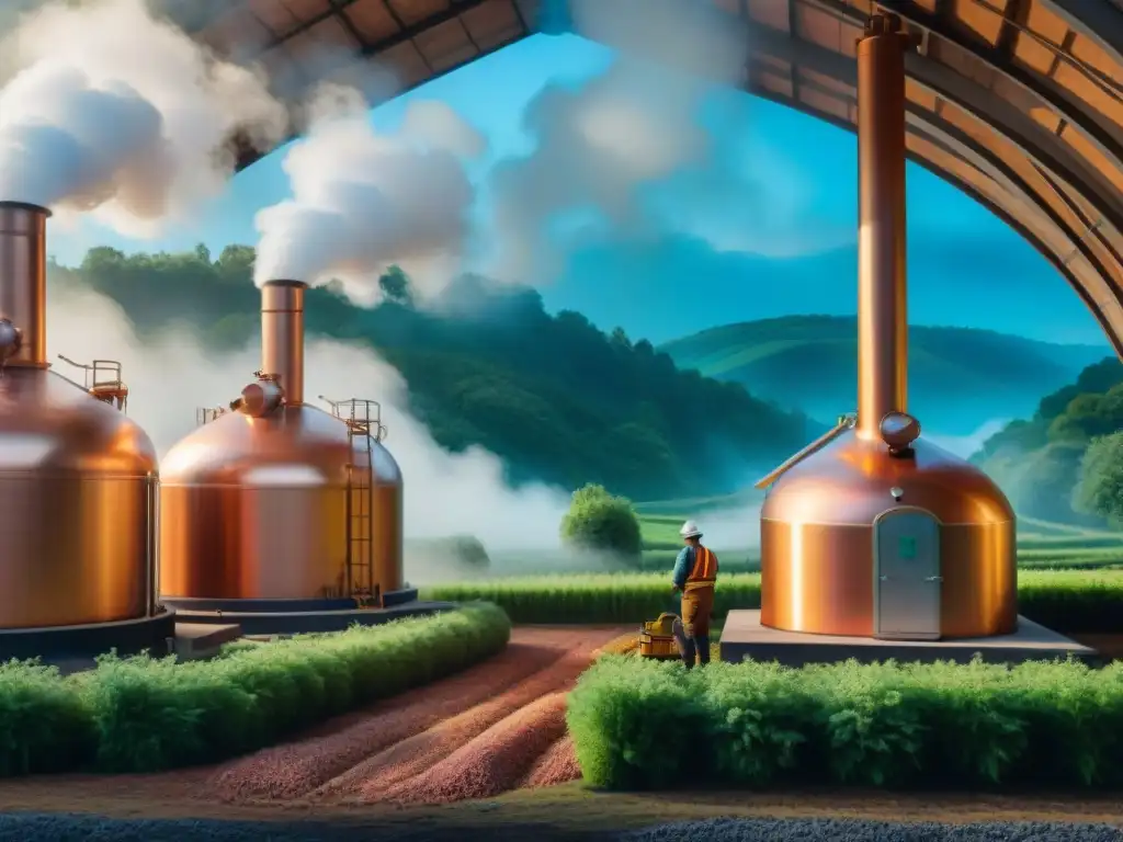 Destilería sostenible en campo: ilustración detallada en 8k Ilustración vintage detallada en 8k de destilería tradicional con certificación destilerías sostenibles técnicas modernas