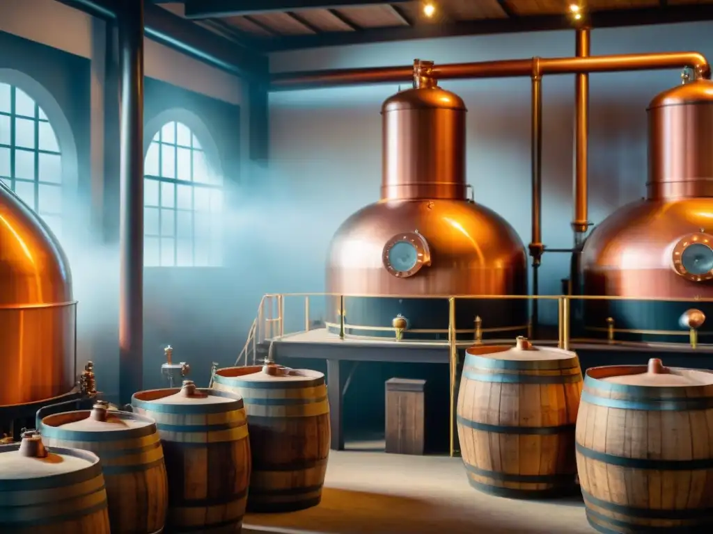 Destilería tradicional: arte y tecnología en la producción de licores Ilustración detallada de destilería tradicional con técnicas modernas cata destilados innovación