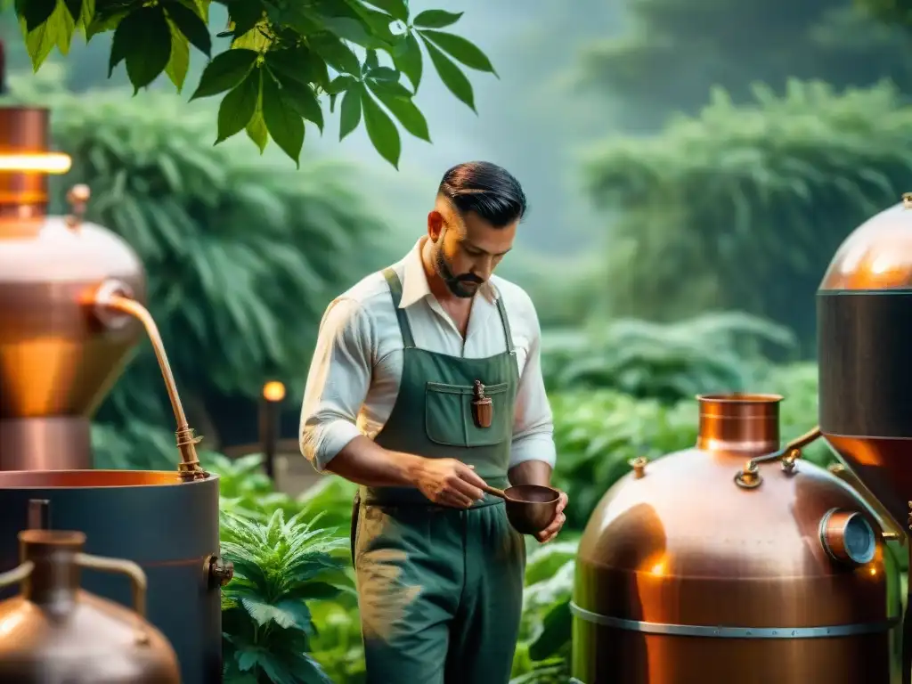 Escena vintage de destilería tradicional: historia y artesanía en acción Ilustración detallada y vintage de una destilería tradicional, con trabajadores operando alambiques rodeados de vegetación exuberante