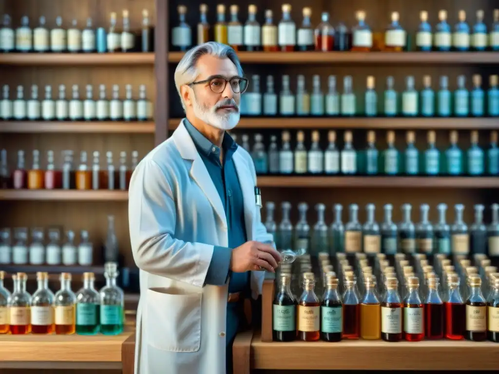 Bioquímica vintage: innovación en envejecimiento de bebidas Ilustración detallada y vintage de un laboratorio con cristalería, científico examinando tubo de ensayo y estanterías de barriles de madera