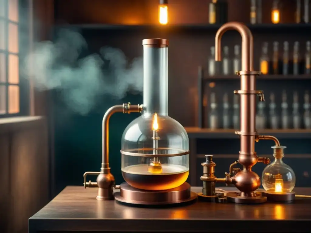 Destilación vintage: detalle artesanal y atmósfera histórica Detallado aparato de destilación vintage en laboratorio atmosférico, resaltando técnicas de destilación innovadoras pandemia