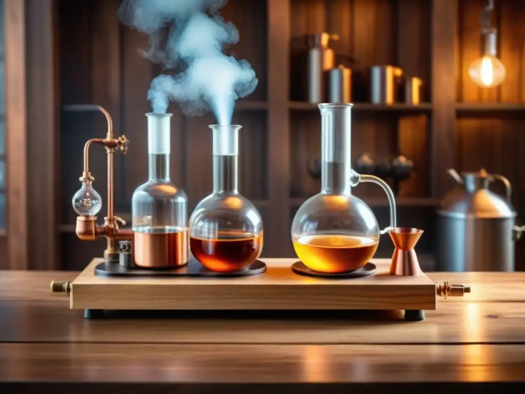 Destilación vintage: proceso preciso y artesanal Detallado kit casero de destilación en cobre, con quemador iluminando la escena y diagrama de proceso en fondo