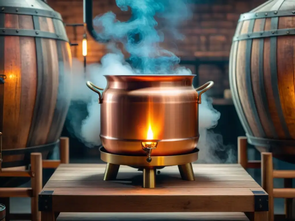 Cobre antiguo destilando magia en alambique Detalle de alambique de cobre en destilería con normativas destilación bebidas alcohólicas