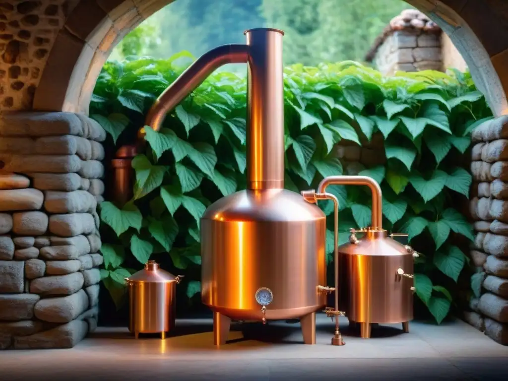 Cobre alquímico: destilación artesanal en un alambique centenario Detalle de alambique de cobre tradicional en cálida luz vintage, destacando artesanía histórica en contraste con pared de piedra y enredaderas