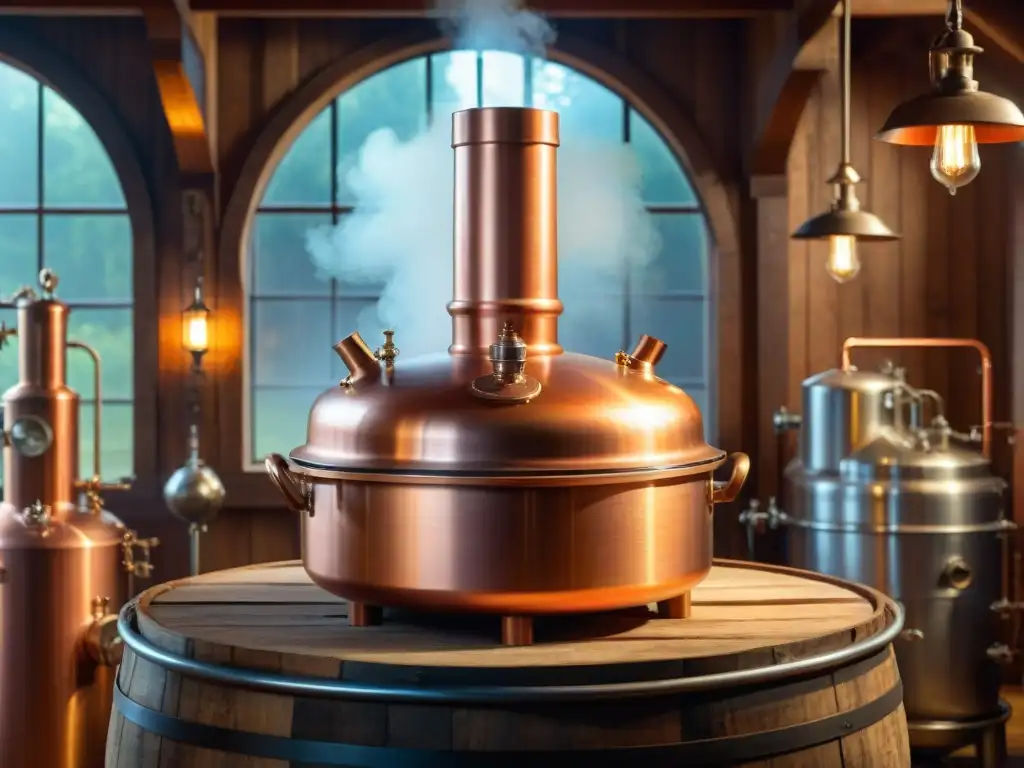 Alambique de cobre vintage: destilación artesanal de bebidas sin alcohol Detalle de alambique tradicional de cobre para técnicas de destilación de bebidas alcohólicas