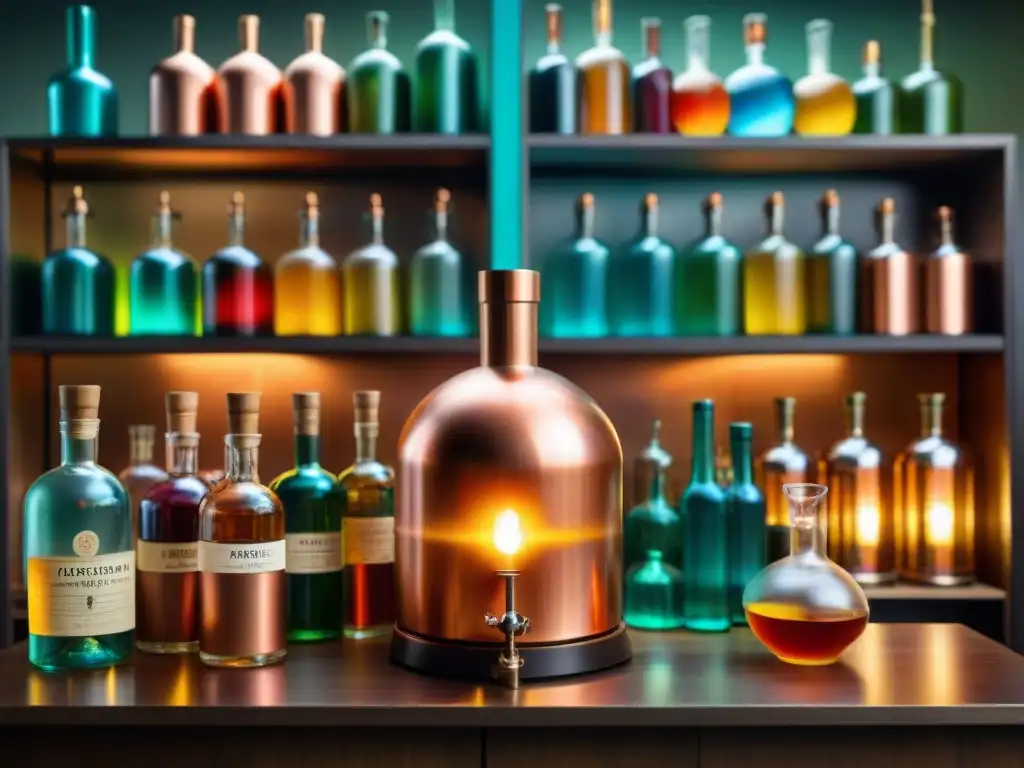 Antigua destiladora de cobre: destello de tradición y maestría Detalle de antigua destiladora de cobre en ambiente cálido, evocando tradición y ciencia destilación bebidas alcohólicas