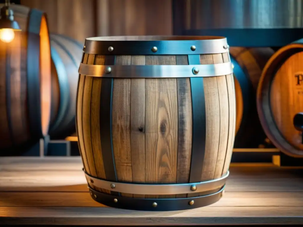 Barrel de roble envejecido: tradición y artesanía en destilería Detalle artesanal de barrica de roble en destilería, evocando tradición y calidad en destilados de las mejores regiones