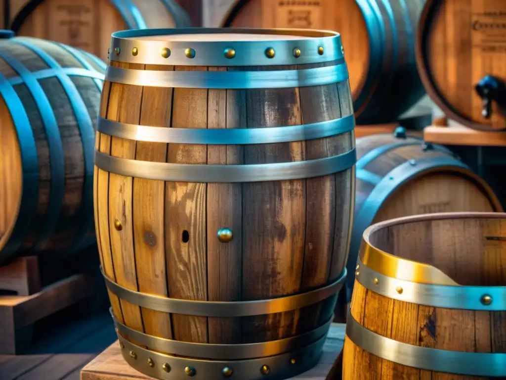 Detalles asombrosos de barrica de madera envejecida en bodega rústica Detalle de un barril de madera envejecido con tallados y marcas antiguas, iluminado con sombras dramáticas