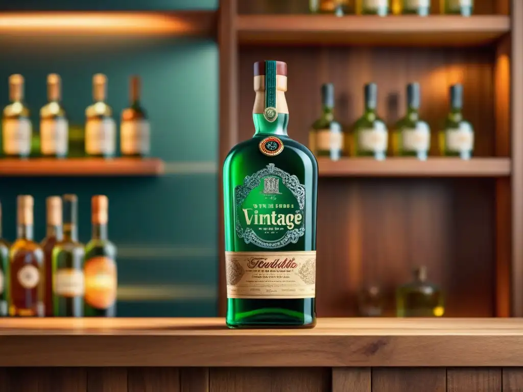 Botella de licor vintage en estante de madera Detalle de botella de destilado vintage en estante de madera, diseño exitoso y elegante bajo cálida iluminación